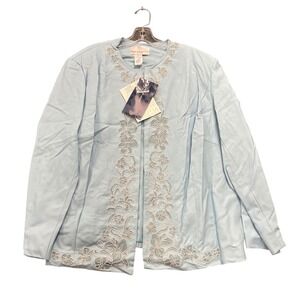 Susan Graver Faux Leather Jacket Womens 2X‎ Blue Beaded Floral Embroidery New